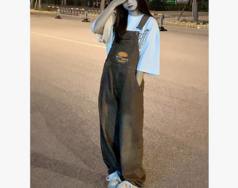 转卖美式复古汉堡刺绣背带裤女春秋潮牌设计感...