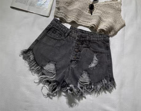 转卖高腰排扣破洞牛仔短裤女毛边2022夏学...