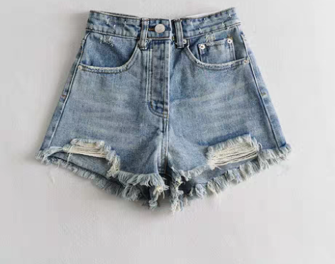 转卖大码水洗破洞牛仔短裤女不规则毛边高腰热...