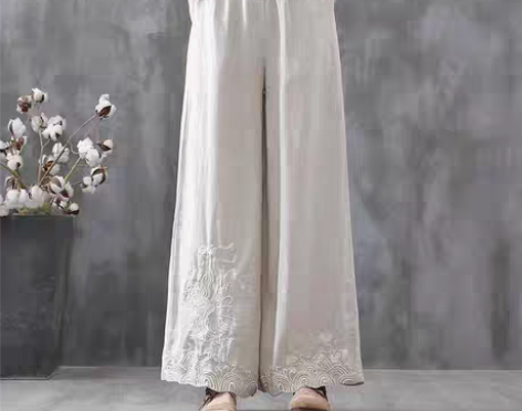 转卖清仓剪标欧货大码复古文艺刺绣亚麻长裤裤...