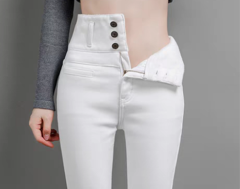转卖白色牛仔裤女秋冬2020新款加绒高腰收...
