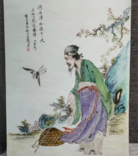 民国粉彩人物文人瓷板，傻开门，画工潇洒飘逸...