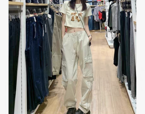 转卖美式多口袋街头工装裤女男宽松高街潮牌白...