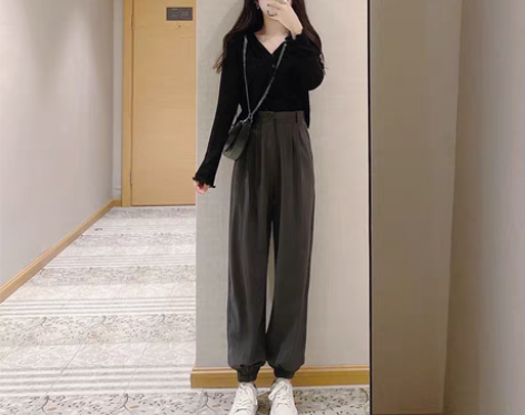 转卖全新 高腰休闲裤 半松紧束脚裤显瘦显高...