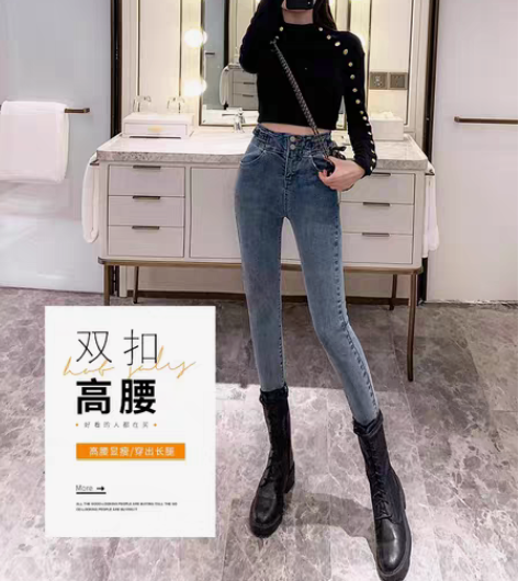 转卖新款高腰加绒牛仔裤女春装九分紧身显瘦显...