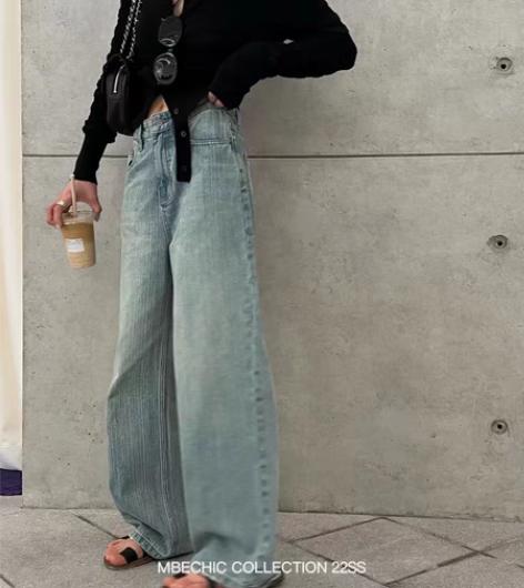 转卖莫丙Mbechic 复古做旧水洗阔腿裤...