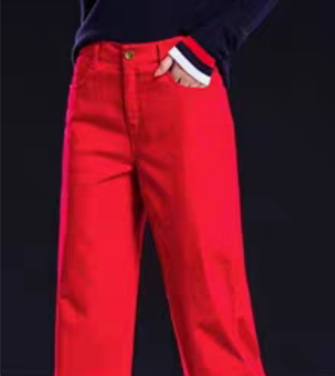 包邮红色水洗加厚斜纹纯棉高腰直筒牛仔裤休闲...