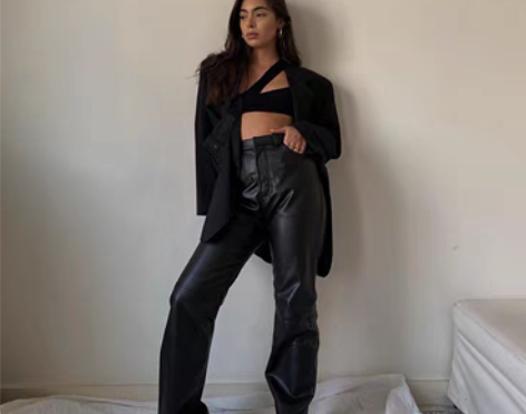 转卖高腰PU皮直筒阔腿裤女修身显瘦百搭欧美...