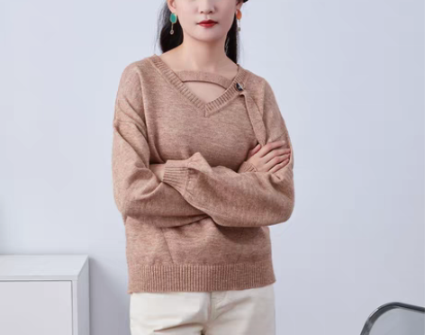 包邮金苑针织衫女2021秋新款长袖V领绑带...