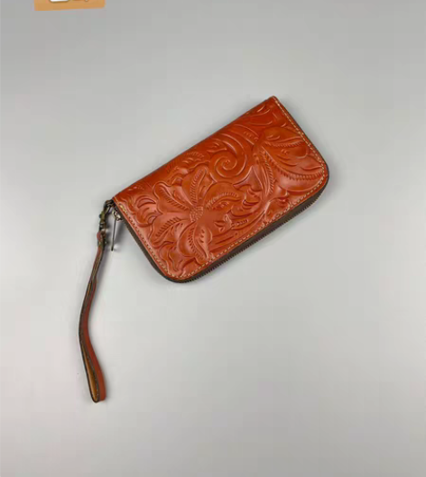 包邮复古头层树膏牛皮女士长款钱包 Ykk拉...