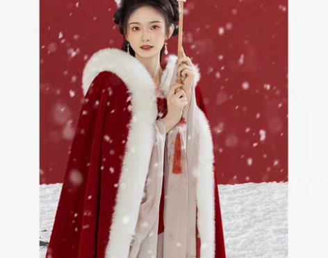 转卖红色斗篷汉服女冬款长款新娘秀禾服披风古...