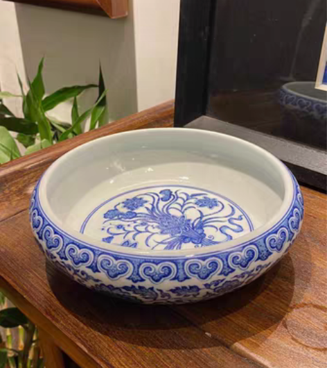 包邮春风祥玉柴窑翠毛蓝缠枝莲点工水洗一束莲...