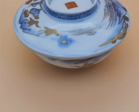 包邮日本中古瓷，有田烧老肥钱盖碗，釉下青花...