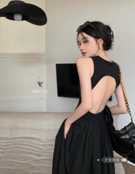 法式裙 法式长裙辣妹露背无袖背心连衣裙女2...