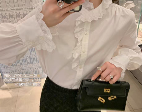 转卖倾城之恋 镂空蕾丝花边上衣女冬立领白衬...