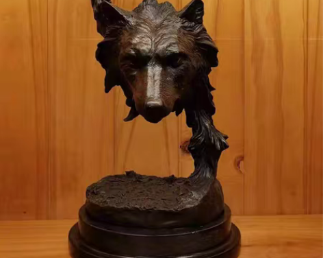 铜雕艺术摆件，双狼头，有落款，工艺精细，形...