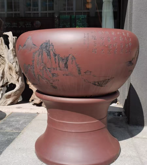 紫砂大缸大鱼缸风水缸带底托支架 庭院搭档 ...