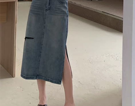 转卖夏休闲潮侧开叉水洗破洞牛仔半身裙女中长...