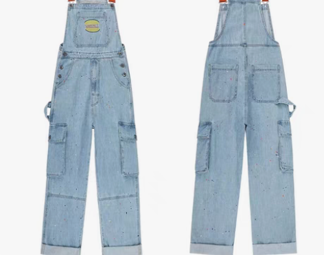 转卖夏季美式复古泼墨刺绣牛仔背带裤女宽松工...