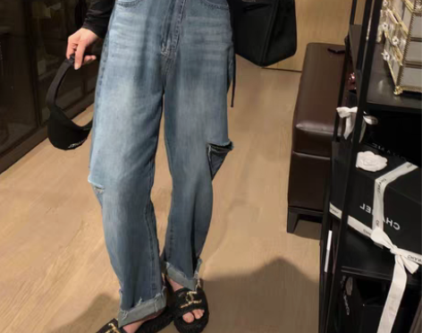 转卖钱夫人女装 高腰破洞阔腿牛仔裤女小个子...