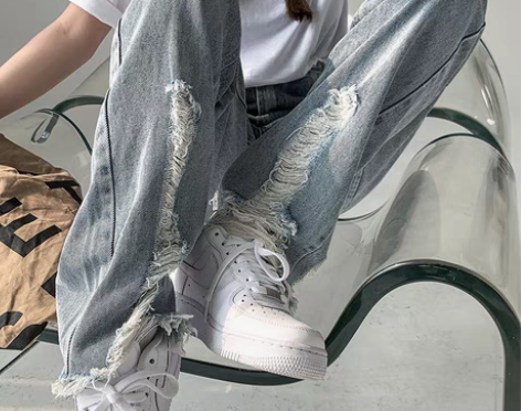 转卖破洞牛仔裤女直筒宽松高腰显瘦裤子胖妹妹...