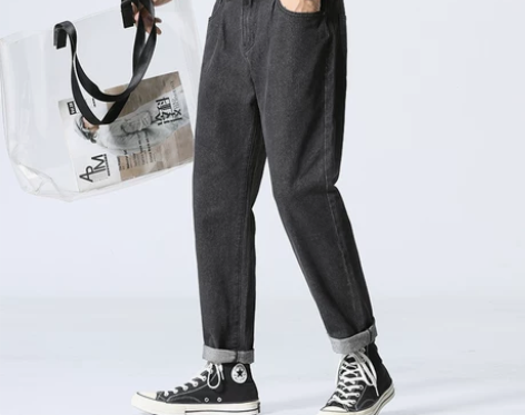 秋冬季港风九分牛仔裤子男潮牌宽松坠感直筒阔...