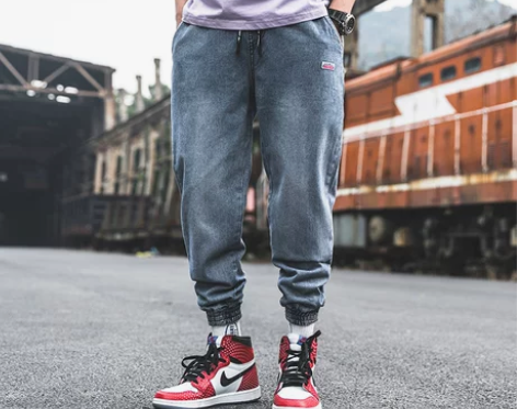 2019春夏男士宽松休闲裤春季潮流水洗蓝直...