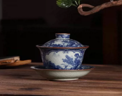 开窗冰梅-老陶泥青花瓷茶具三才盖碗茶杯 尺...