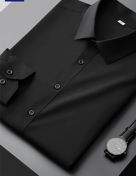 罗蒙黑色衬衫男高级感竹纤维免烫休闲衬衣