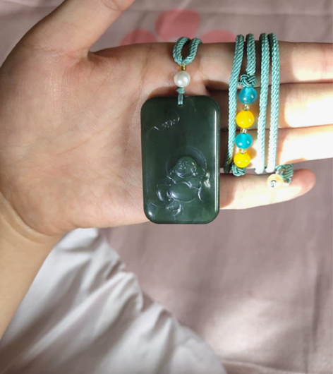 和田玉大佛公牌毛衣链 带猫眼线 手工雕刻 ...