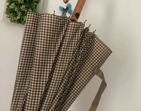 日式风格16骨防风半自动木手柄网格晴雨两用...