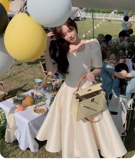 LIN【白天鹅之梦】赫本风白色缎面连衣裙夏...