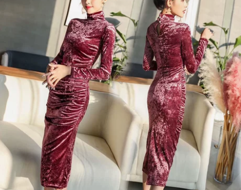 秋冬新款欧货女装名媛气质小香风金丝绒高领连...