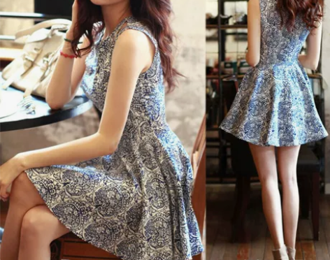 夏棉麻蓬蓬短裙瘦韩版青花瓷百褶连衣裙女碎花...