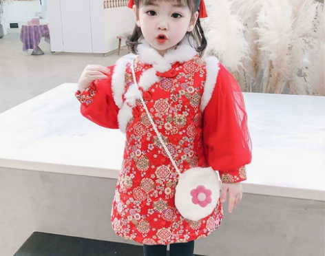 女童拜年服冬装中国风裙子加绒洋气唐装旗袍裙...