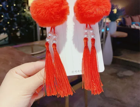 儿童红色拜年汉服毛球流苏对夹国潮复古丸子头...