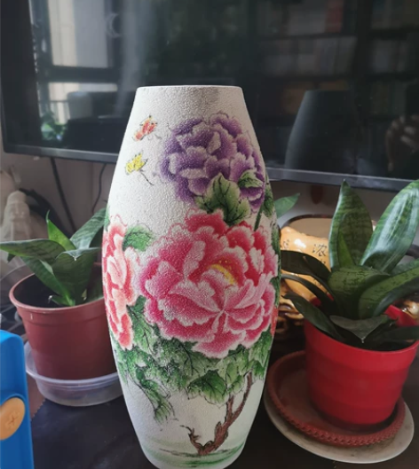 八十年代景德镇手绘国色天香喷砂釉大瓷花瓶 ...