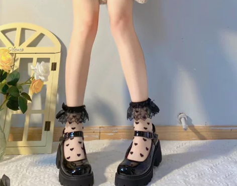 jk短袜女蕾丝花边网纱波圆点玛丽珍玻璃丝水...