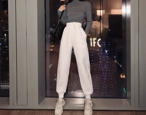 白色运动裤女春秋2023新款宽松束脚裤高腰...