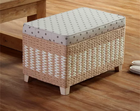 日式收纳凳储物凳子实木家用可坐人收纳箱草编...