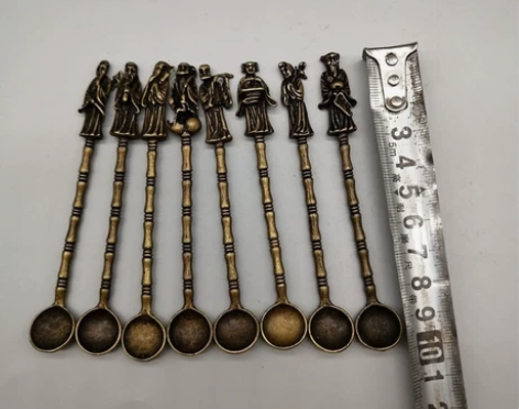 闲置乡下收来的纯铜八仙中药小勺子一套老铜古...