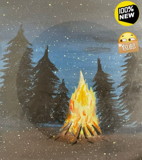 丙烯油画作品《森林篝火》大小：40x30 ...