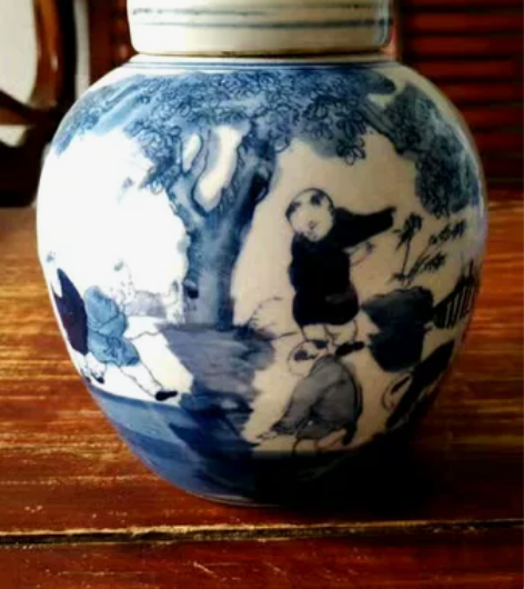 闲置古玩！晚清婴戏盖罐！高度16公分！直茎...