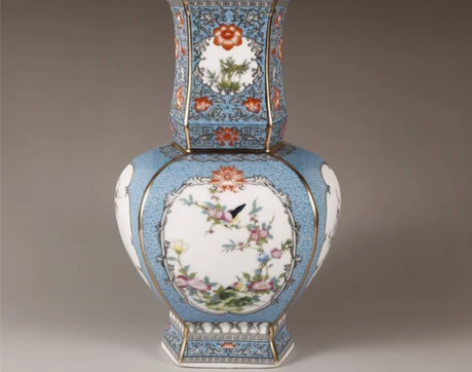 珐琅彩粉蓝色花鸟六方花瓶中式博古架仿古瓷器...