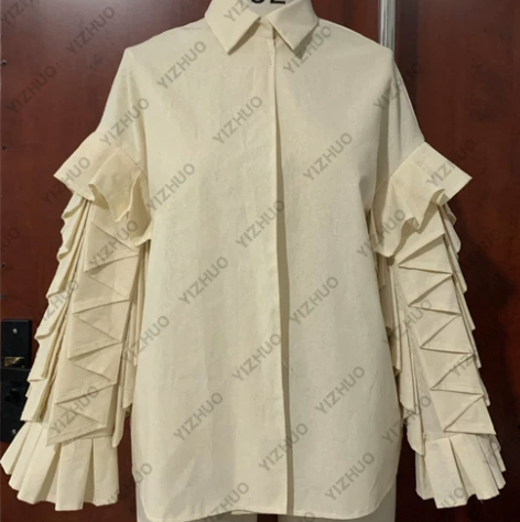 创意白坯布衬衫创意花边褶皱袖子白胚布短上衣...