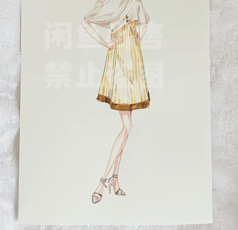 水彩手绘服装效果图时装画服装设计图休闲日常...