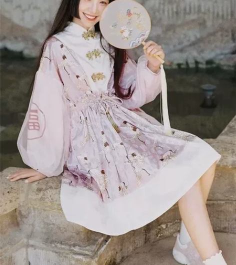 DEAR栗原创旗袍领仙鹤印花压褶花边抽绳拼...