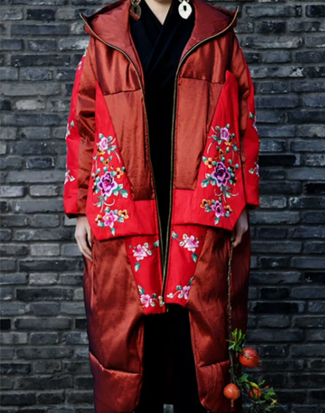 服装此岸歌声原创设计店-铁锈橘拼红大羽绒服...