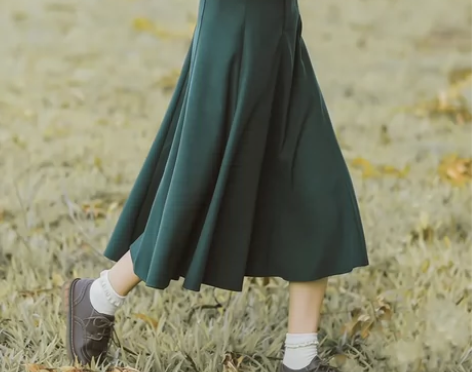 复古chic高腰显瘦大摆半身裙女，墨绿色，...