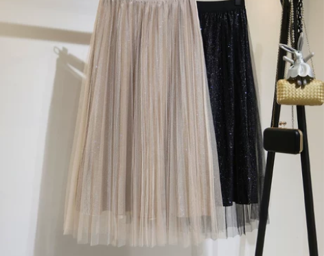 春秋装新款时尚半身纱裙高腰中长款百褶裙五彩...